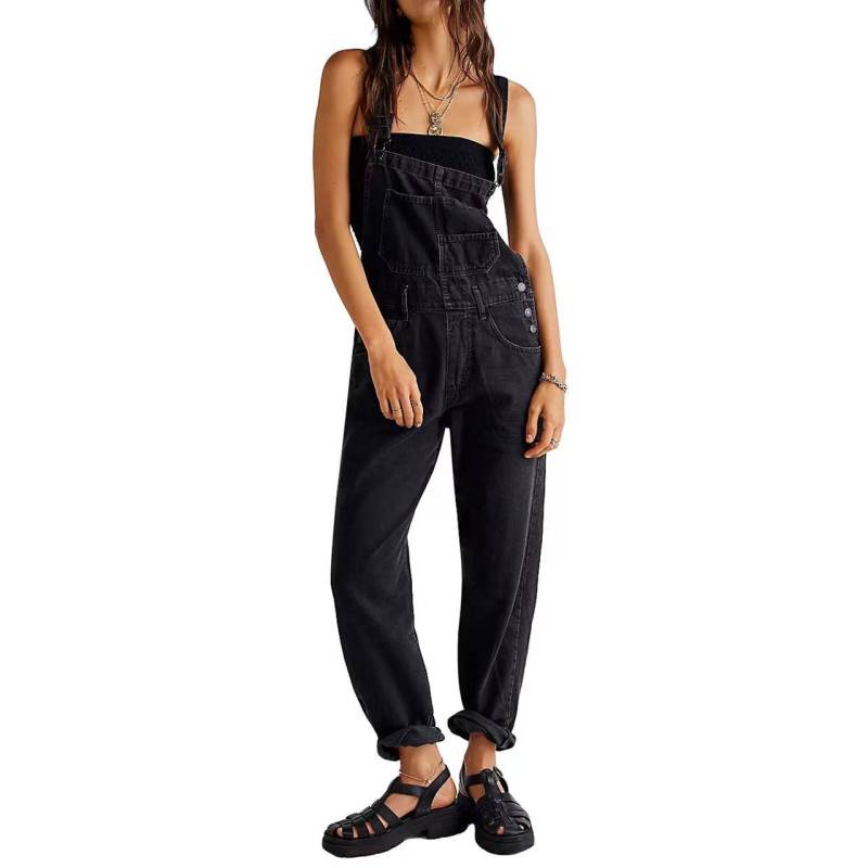 Blauer Damen Vintage Retro Denim Langer Jumpsuit Lässig Träger Gerade Einteiler Latzhose Sommer Baggy Latzhose L schwarz von Joom DACH