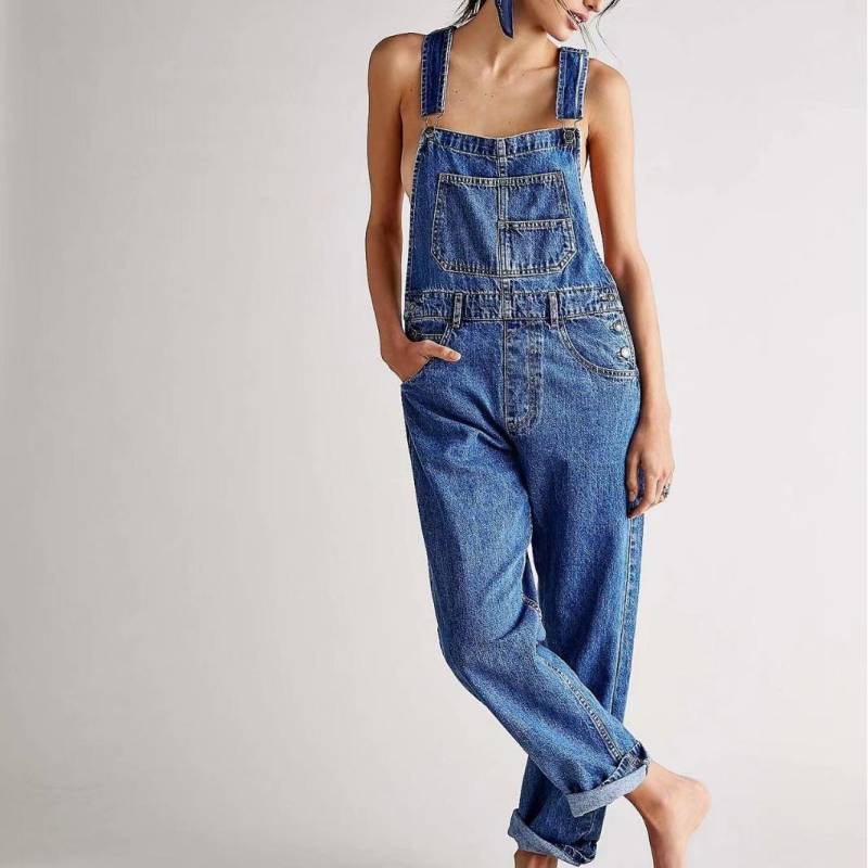 Blauer Damen Vintage Retro Denim Langer Jumpsuit Lässig Träger Gerade Einteiler Latzhose Sommer Baggy Latzhose L dunkelblaue von Joom DACH