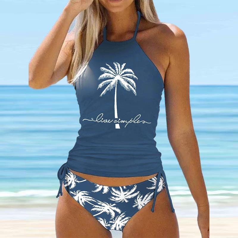 Blauer Neckholder-Bikini-Tankini-Badeanzug mit Kokosnussbaum-Print für Damen 2XL von Joom DACH