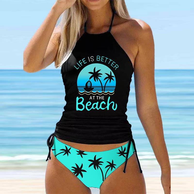 Blauer Neckholder-Bikini-Tankini-Badeanzug mit Kokosnussbaum-Print für Damen L cyanblau von Joom DACH