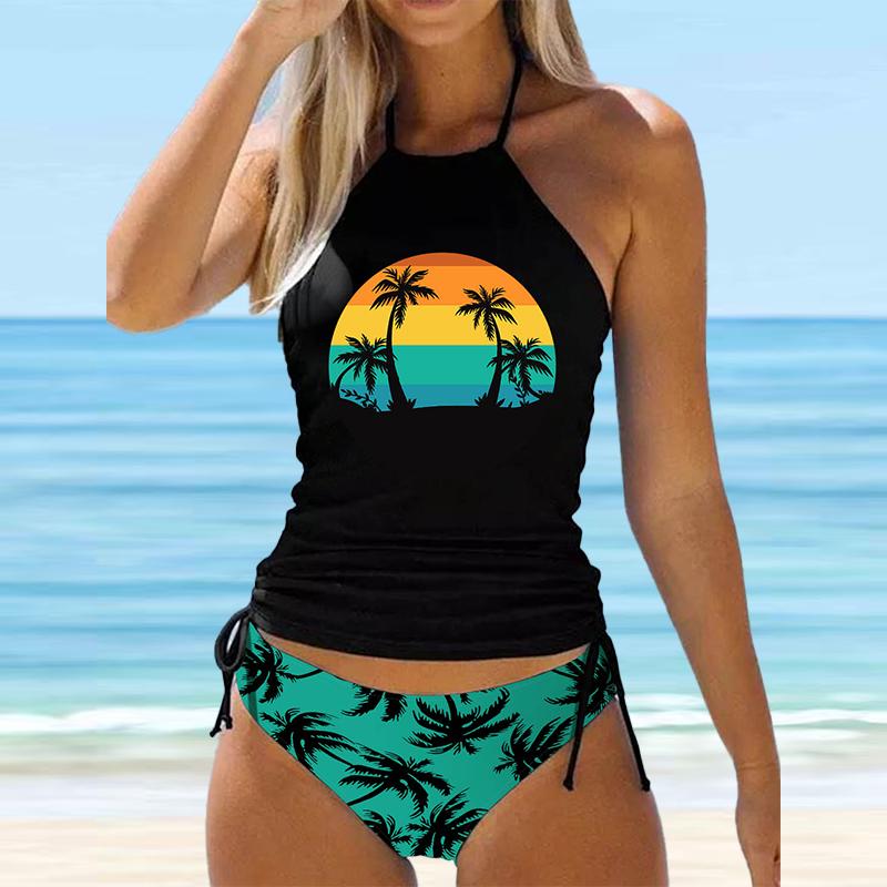 Blauer Neckholder-Bikini-Tankini-Badeanzug mit Kokosnussbaum-Print für Damen M von Joom DACH