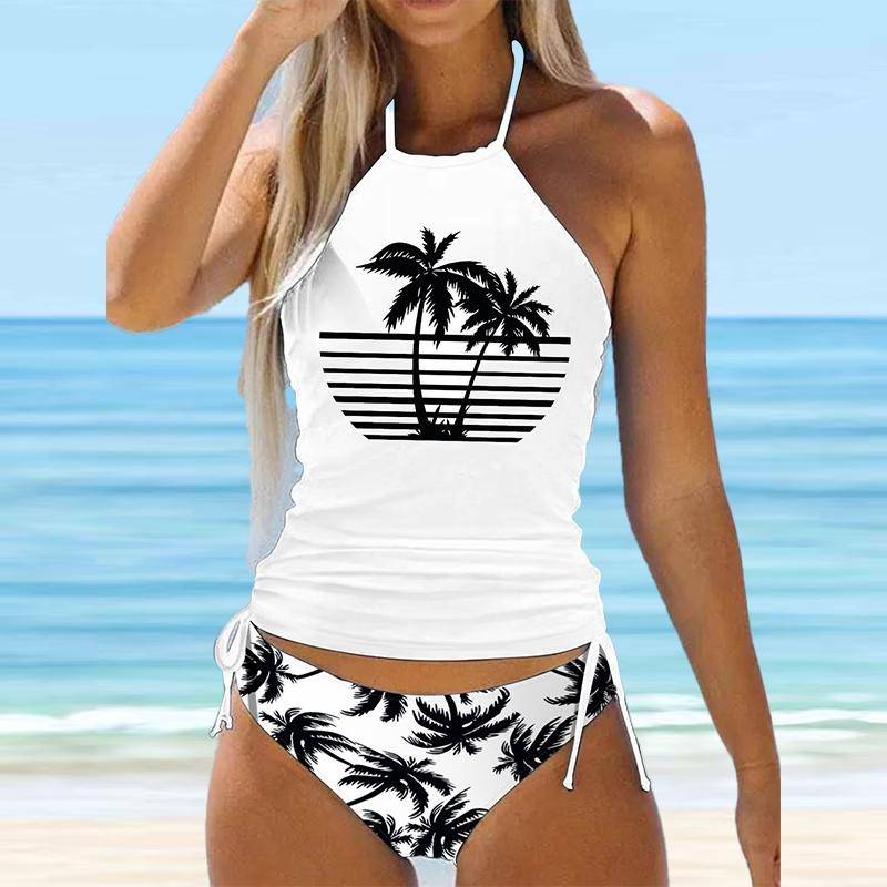 Blauer Neckholder-Bikini-Tankini-Badeanzug mit Kokosnussbaum-Print für Damen XL von Joom DACH