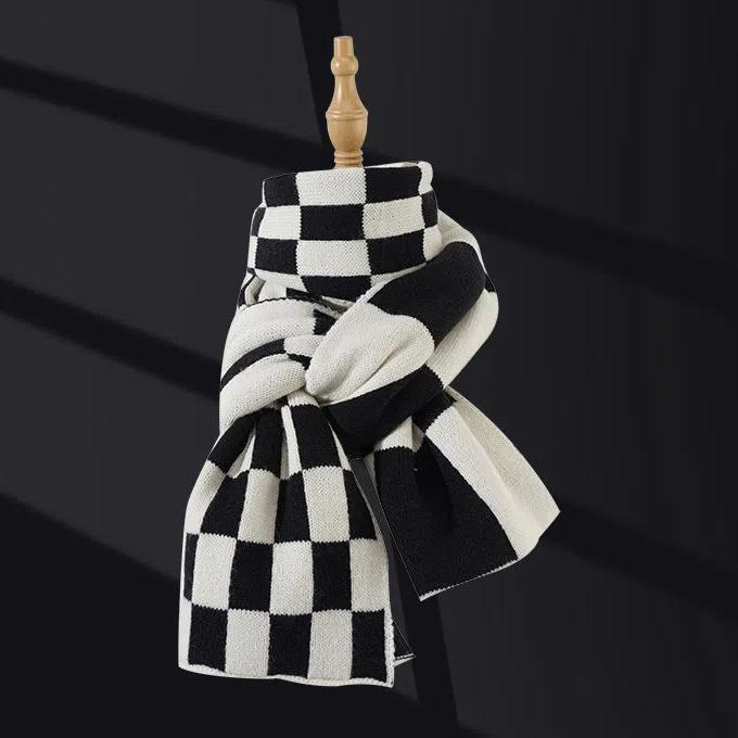 Blauer Schachbrett-Karo-Strickschal aus Wolle für Mädchen, dicker Herbst und Winter, warmer All-Match-Schal 180*30cm schwarz von Joom DACH