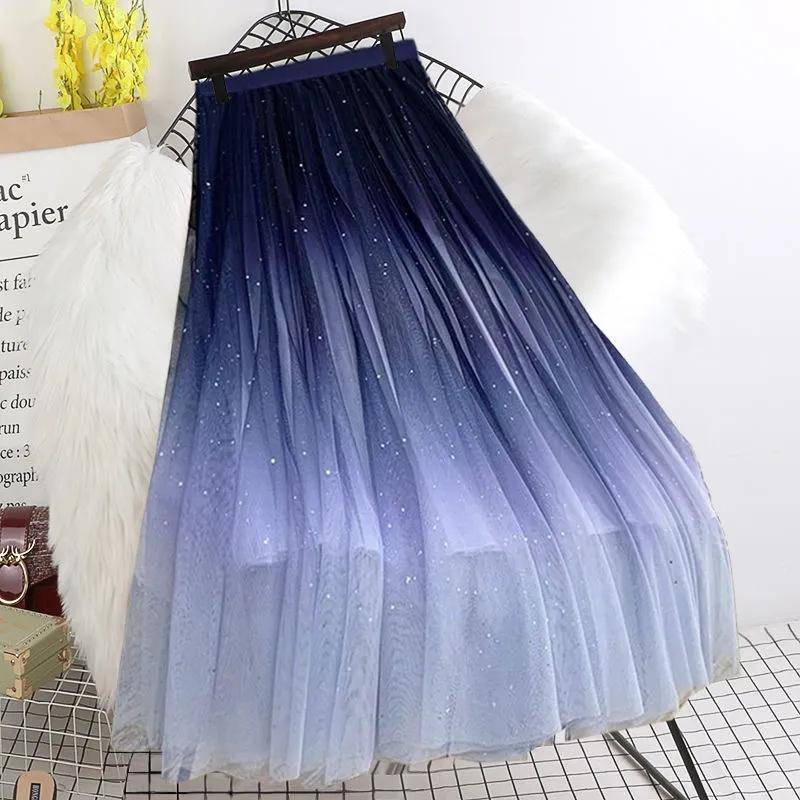 Blauer Sternenhimmel-Farbverlaufs-Netzrock mittlerer Länge Damen-Faltenrock mit elastischer Taille Fantasy-Märchen Frühling und Sommer M blau von Joom DACH