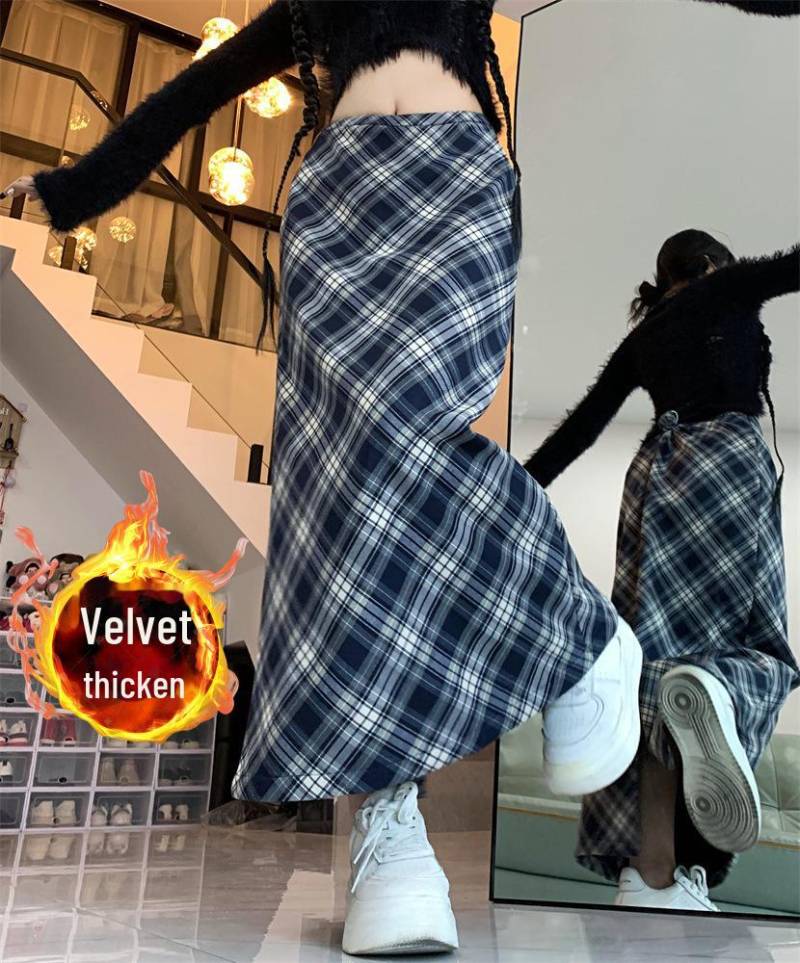 Blaues Karomuster Samt Hohe Taille Slim Langer Rock für Damen - Petite, Schlitz, Herbst/Winter 2024 Extra Large von Joom DACH