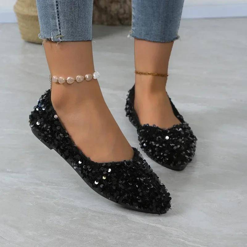 Bling Flache mit Pumps Glänzend Kristall Spitz Flach Slip-On Echtes Leder Mode Elegante Prägnante Frauen Schuhe Neueste 41 schwarz von Joom DACH