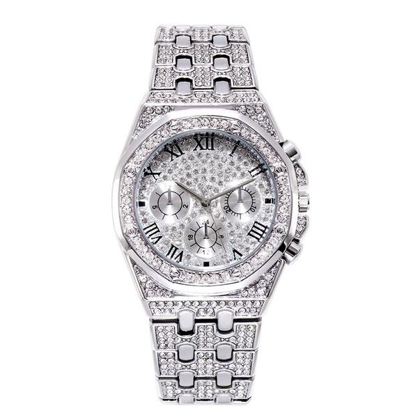 Bling Iced Out Uhr Gold Farbe Männer Hip Hop Uhren Luxus Wasserdichte Armbanduhr Geschenke silber von Joom DACH