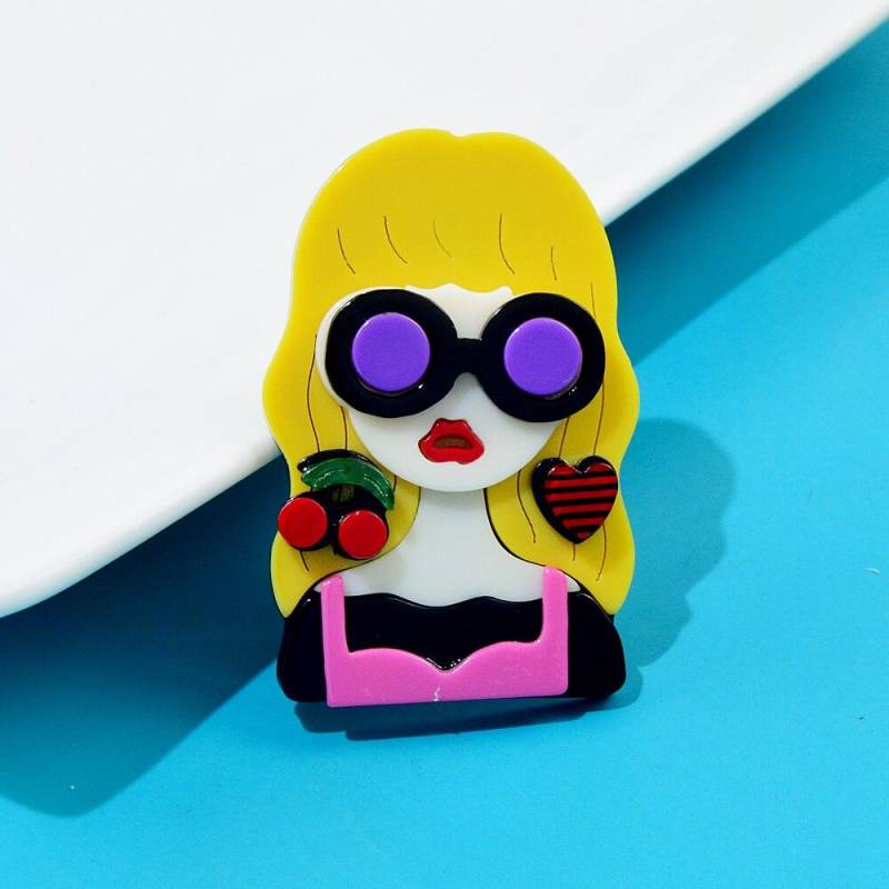 Blucome Acryl Tragen Kirsche und Herz Ohrringe Blondes Haar Mädchen Brosche Pin Acetat Faser Material 2023 Neue Mode gelb von Joom DACH