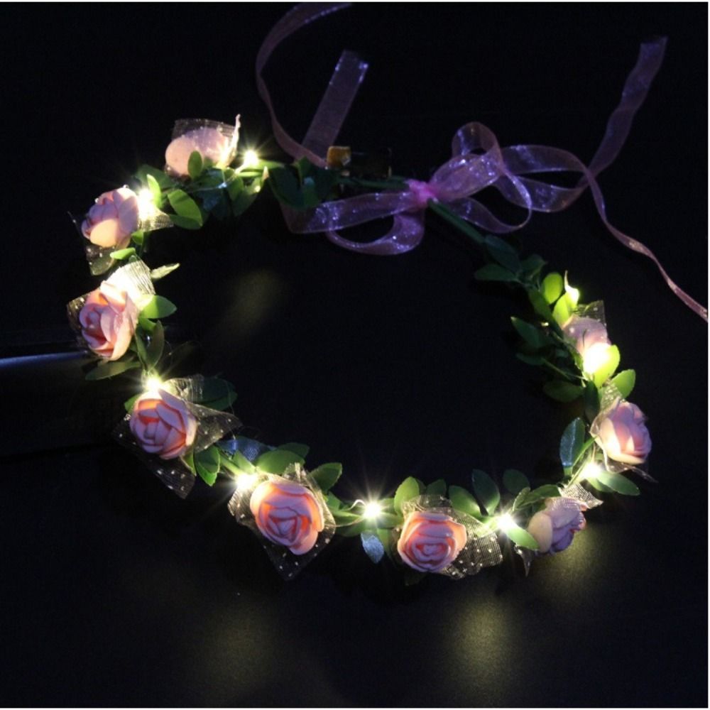 Blume Leuchtender Hochzeitskranz Dekoration LED Lichterkette Frauen Kopfschmuck Krone Blumen Stirnband hellrosa von Joom DACH