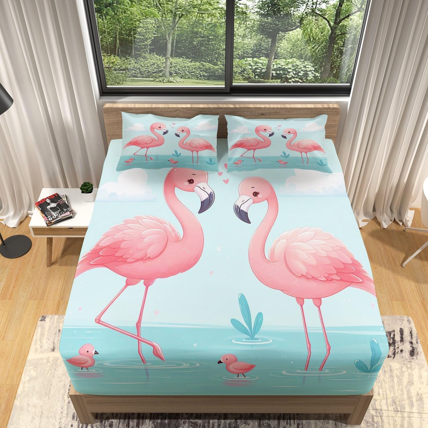 Blumen Flamingo Spannbettlaken, Mikrofaser mit 30 cm tiefem Taschenbettwäsche Weich Atmungsaktiv Farbecht für Kinder Jugendliche 90x200cm von Joom DACH