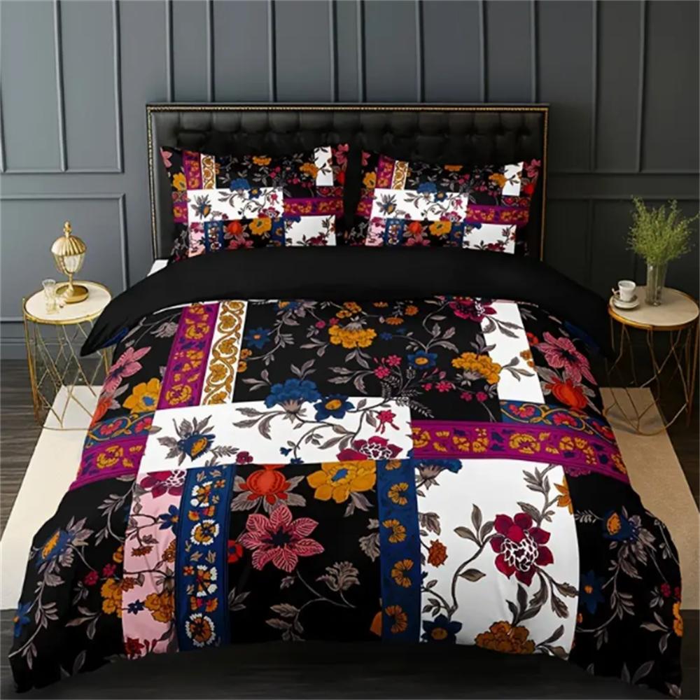 Blumen-Patchwork-Bettbezug-Set 3-teilig - 100% Polyester Atmungsaktive Bettwäsche, Digitaldruck, Maschinenwaschbar, Keine Füllung enthalten EU Single 135x200cm von Joom DACH