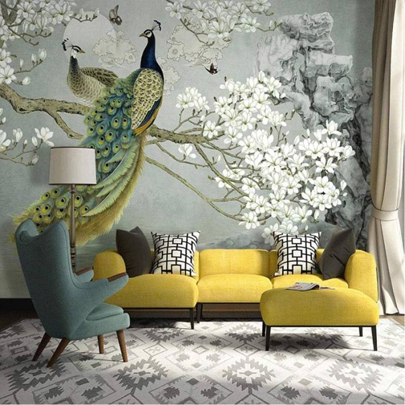 Blumen-Pfau-Tapeten-Wandbild, Schmetterling-Luxus-Wandbild für Wohnzimmer, Schlafzimmer, Büro, Kinderzimmer, Hotel-Tapetendekoration 200 cm(W) x 140 cm(H) von Joom DACH