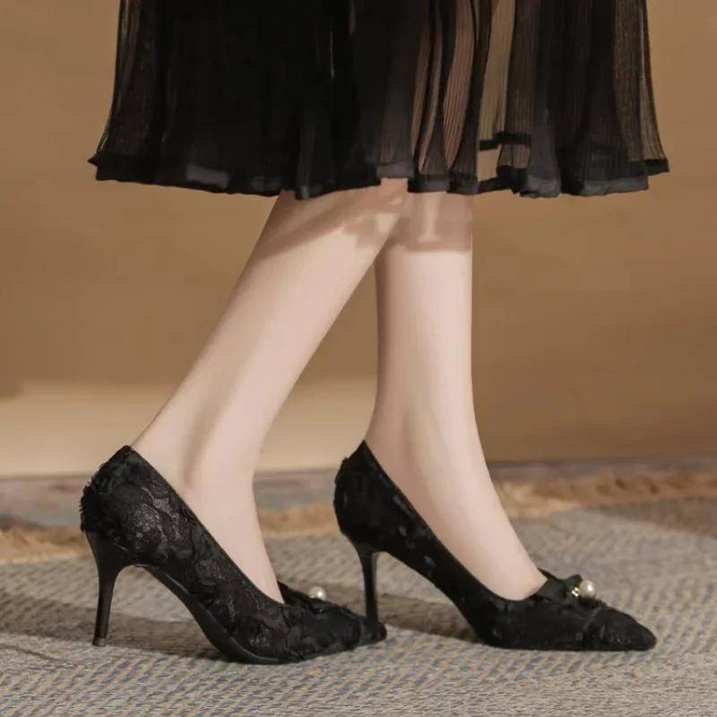 Blumen Schleife Damen Spitze Spitze Zehen High Heels Elegant Damen Designer Stiletto Pumps Sommer Kleiderschuhe 39 schwarz von Joom DACH