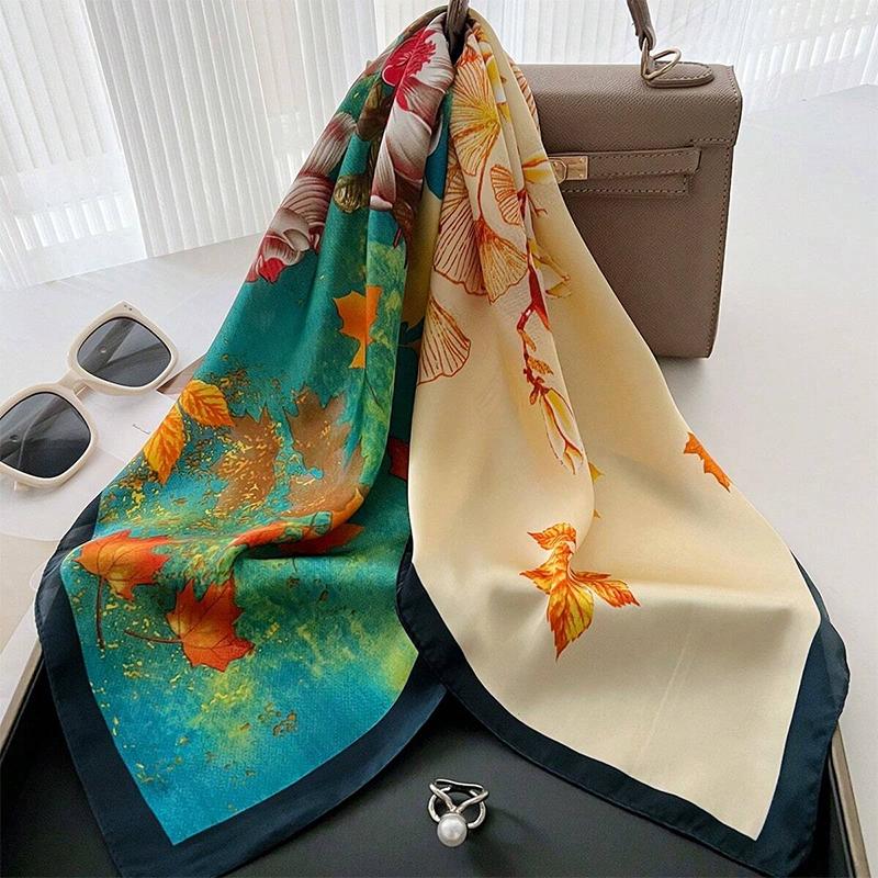 Blumen Seidenschal Damen Satin Schal Wickel Hijab Weibliches Haarband Handgelenk Luxus Kopftuch 70*70cm Echarpe 2024 Bandana von Joom DACH