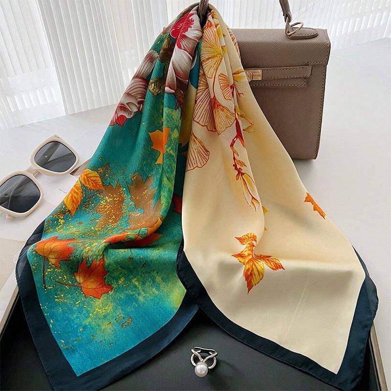 Blumen Seidenschal Damen Satin Schal Wickel Hijab Weibliches Haarband Handgelenk Luxus Kopftuch 70*70cm Echarpe 2024 Bandana von Joom DACH