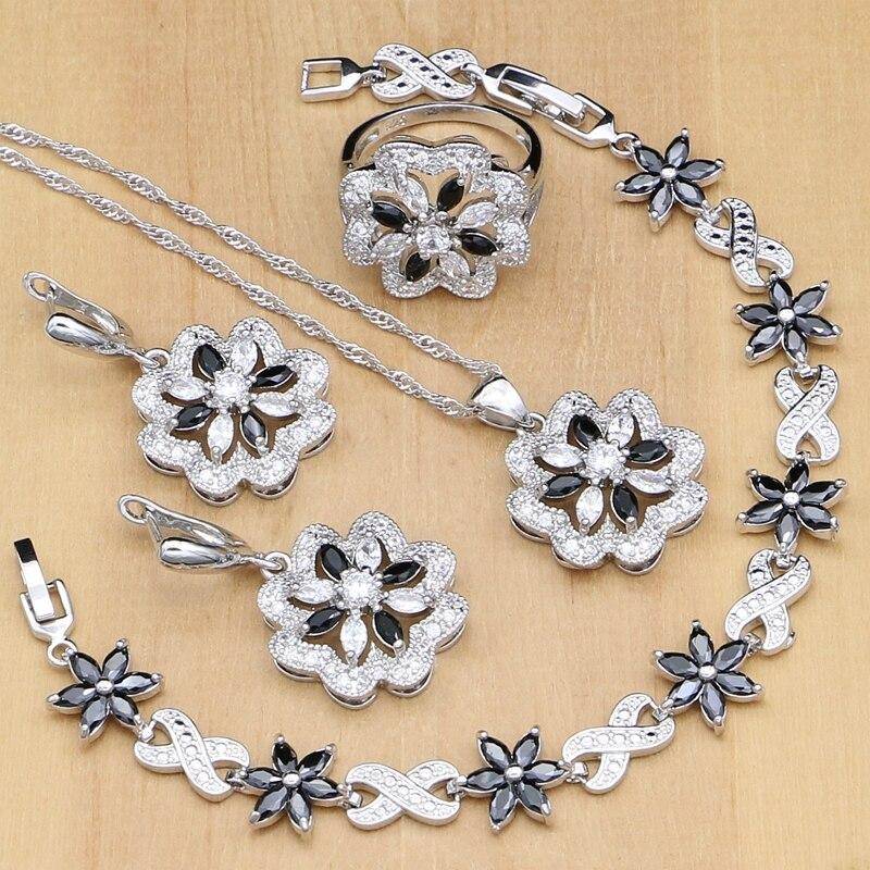 Blumen Silber 925 Schmuck Weiß& Schwarzer Zirkonia Schmucksets Für Damen Party Ohrringe/Anhänger/Halskette/Ringe/Armband 7 von Joom DACH