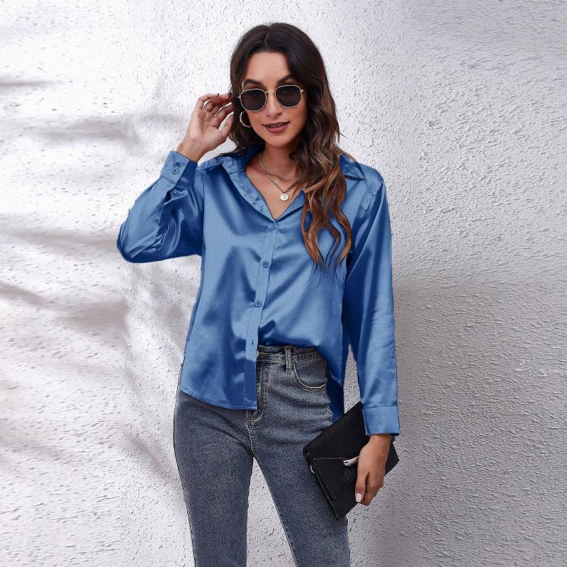 Bluse Damen Satin Simulation Seide Langarm Bluse Neu 2XL blau von Joom DACH