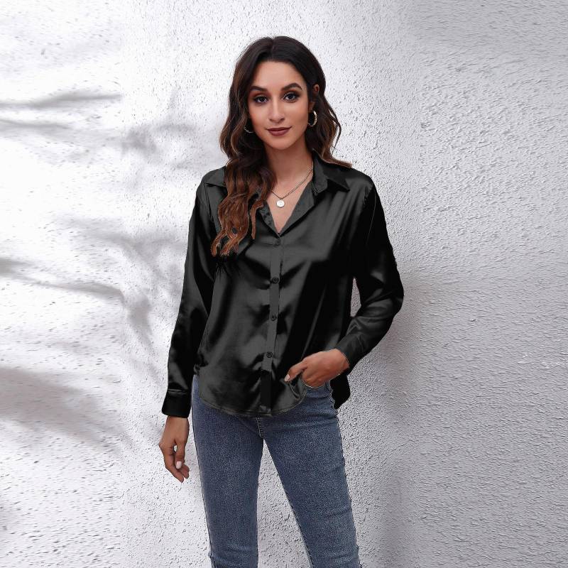 Bluse Damen Satin Simulation Seide Langarm Bluse Neu 2XL schwarz von Joom DACH