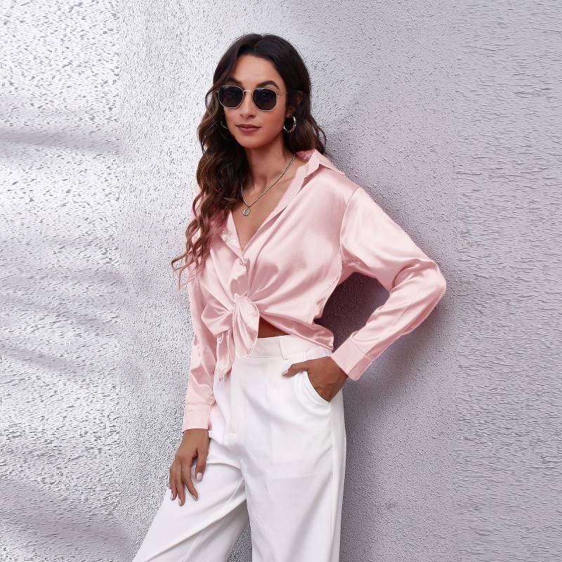 Bluse Damen Satin Simulation Seide Langarm Bluse Neu S rosa von Joom DACH