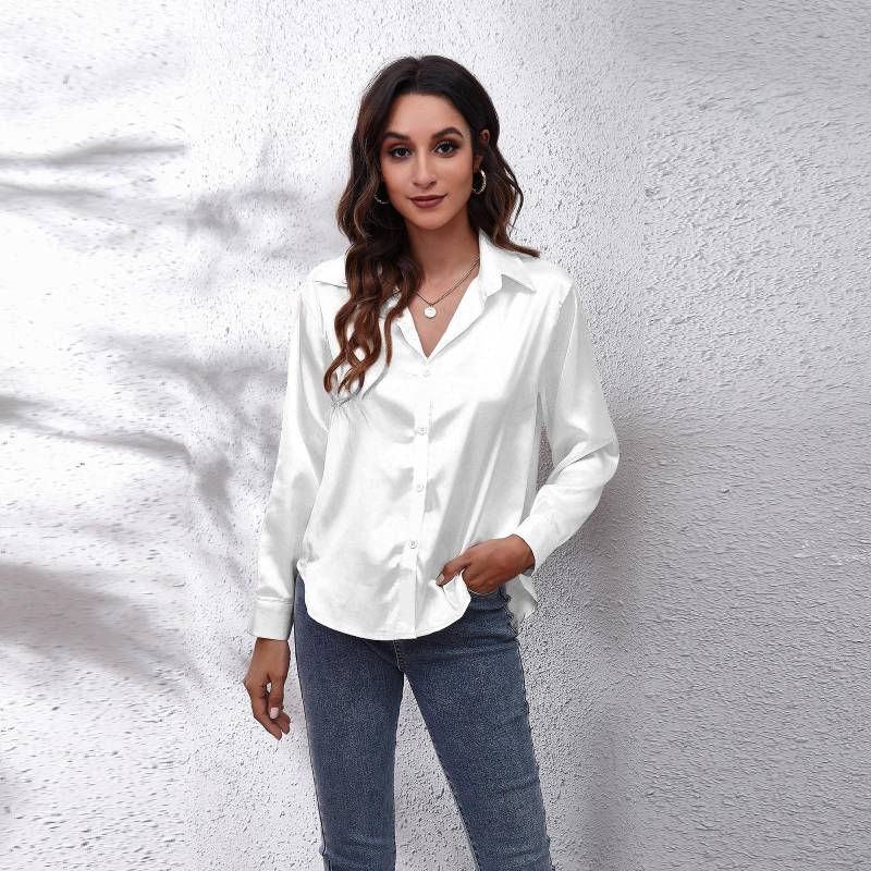 Bluse Damen Satin Simulation Seide Langarm Bluse Neu S weiß von Joom DACH