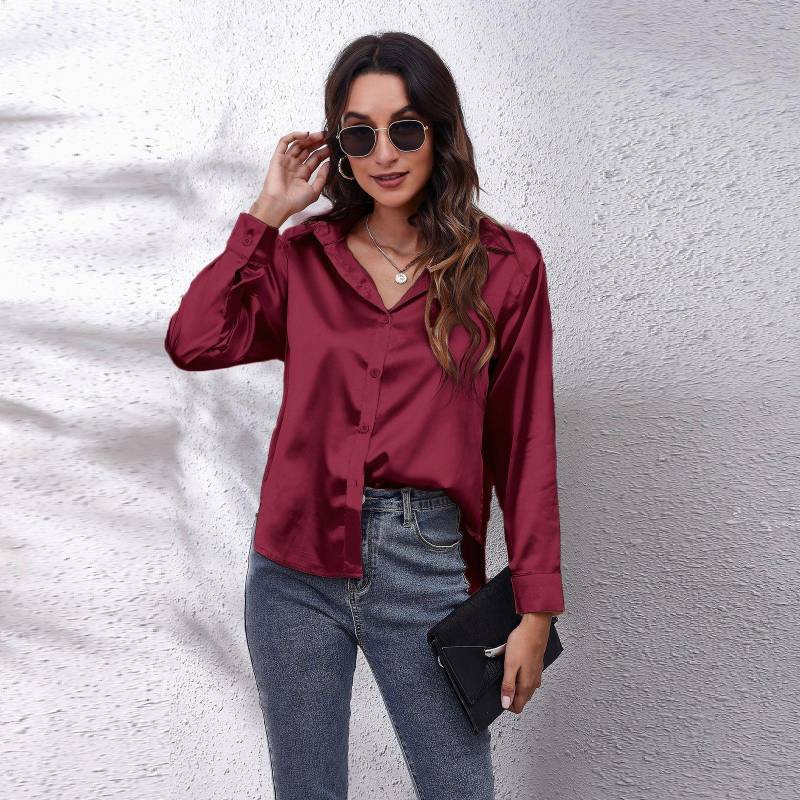 Bluse Damen Satin Simulation Seide Langarm Bluse Neu XL bordeaux von Joom DACH