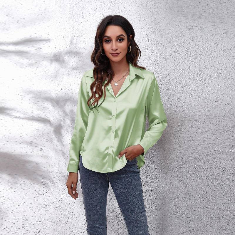 Bluse Damen Satin Simulation Seide Langarm Bluse Neu XL hellgrüne von Joom DACH