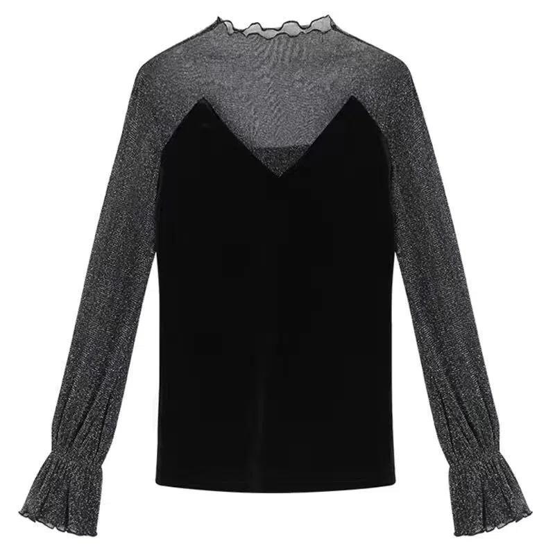 Bluse Damen Tops Dünne Spitzenhemden Helle Seide Patchwork Mesh Basic Top Vintage Schwarzes T-Shirt Sommer Schöne Damenblusen L von Joom DACH