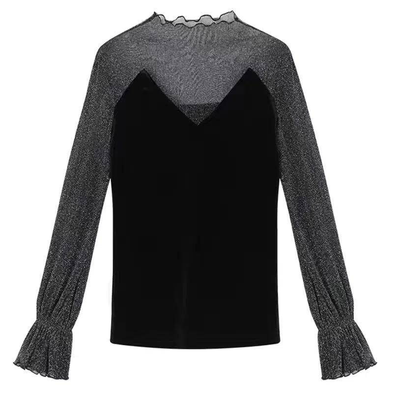 Bluse Damen Tops Dünne Spitzenhemden Helle Seide Patchwork Mesh Basic Top Vintage Schwarzes T-Shirt Sommer Schöne Damenblusen L von Joom DACH