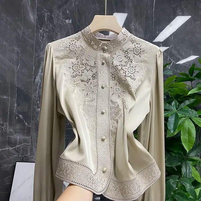 Bluse Weibliche Stickerei Stehkragen Lange ärmeln Schwere Imitation Seide Mulberry Hemd Frauen Herbst M khaki von Joom DACH
