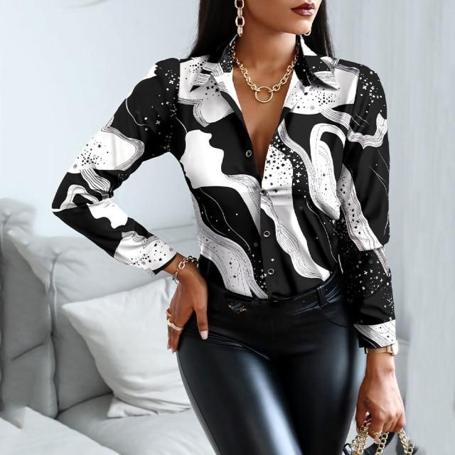 Blusen Frau Casual Büro Print Shirts Herbst Mode Taste Langarm Weißes Hemd Elegante Patchwork Schlank Tops Frauen XXL hellbraune von Joom DACH