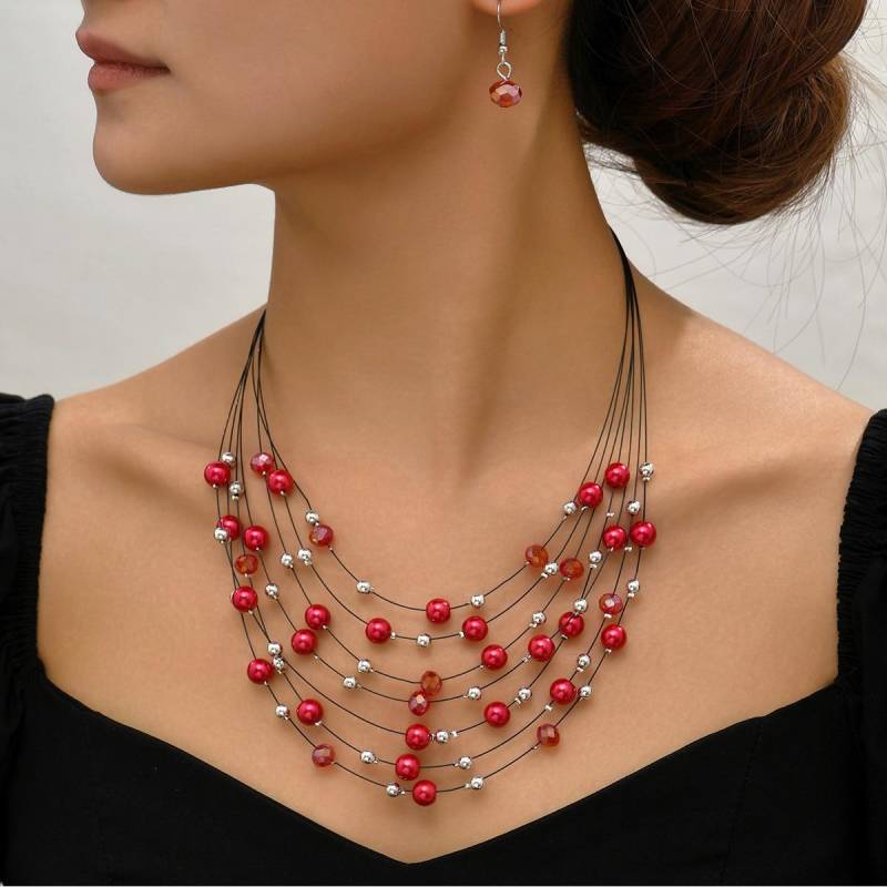 Böhmen Kristall Perlen Halskette Ohrring für Frauen Schmuck Set Mode Multilayer Cord Boho Halsband Colar Vintage Zubehör rot von Joom DACH