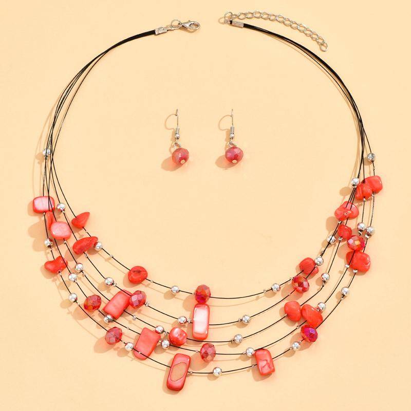 Böhmen Shell Kristall Perlen Multi Layer Halsband Halskette Ohrringe für Frauen Braut Boho Afrikanischen Schmuck Sets Luxus Zubehör rot von Joom DACH