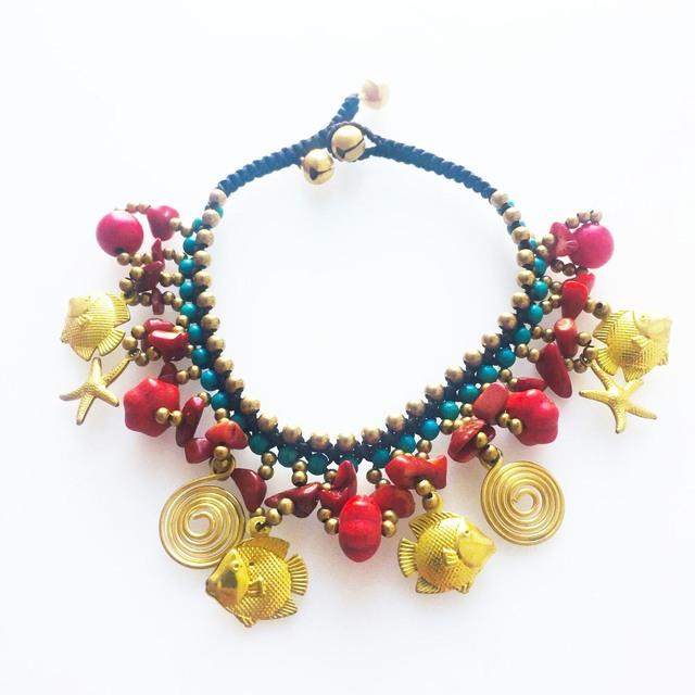 Böhmisch Ethnisch Strandmode Anhänger Fransen Fußkettchen Reine Handweberei Für Damen Meerestiere Naturstein Glöckchen Fußaccessoires 24cm blau von Joom DACH