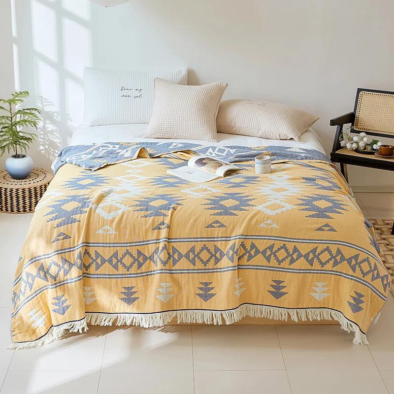 Böhmische Baumwolldecke mit Quaste, ethnische vierlagige Gaze-Tagesdecke, Sommer-Überwurfdecke, Einzel- und Doppelsofa-Handtuch, Nickerchenbezug 150x200cm von Joom DACH