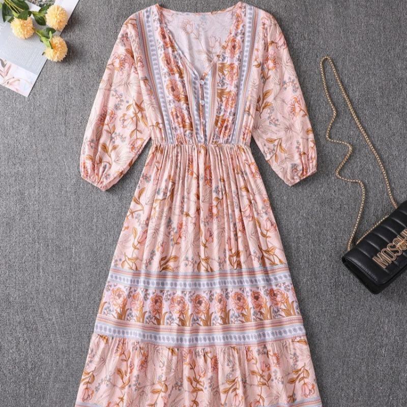 Böhmisches langes A-Linien-Kleid Damenkleid mit hoher Taille L apricot von Joom DACH