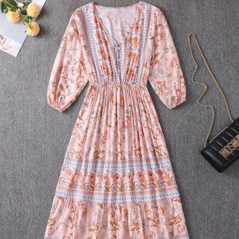 Böhmisches langes A-Linien-Kleid Damenkleid mit hoher Taille L apricot von Joom DACH