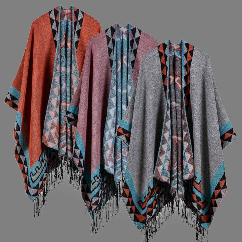 Boho Damen Strickschal Poncho Kunstkaschmir Geometrisches Muster Quaste Übergroßer warmer langer Umhang M grau von Joom DACH