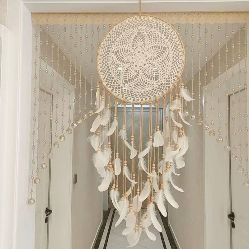 Boho-Makramee-Traumfänger-Wandteppich aus Baumwolle, gewebt, handgefertigt, böhmische Kunst mit Quaste, Bastel-Ornament für Schlafzimmer, Wohnzimmer, Wohnung, Kinderzimmer beige von Joom DACH