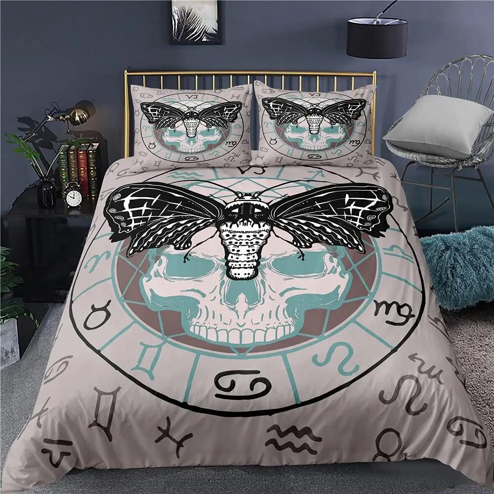 Boho Motten Bettbezug Queen Size Jungen Gothic Totenkopf Bettwäsche Set Für Mädchen Frauen Schlafzimmer Deko Böhmische Mond Stern Bettdecke EU single(135x200cm) von Joom DACH