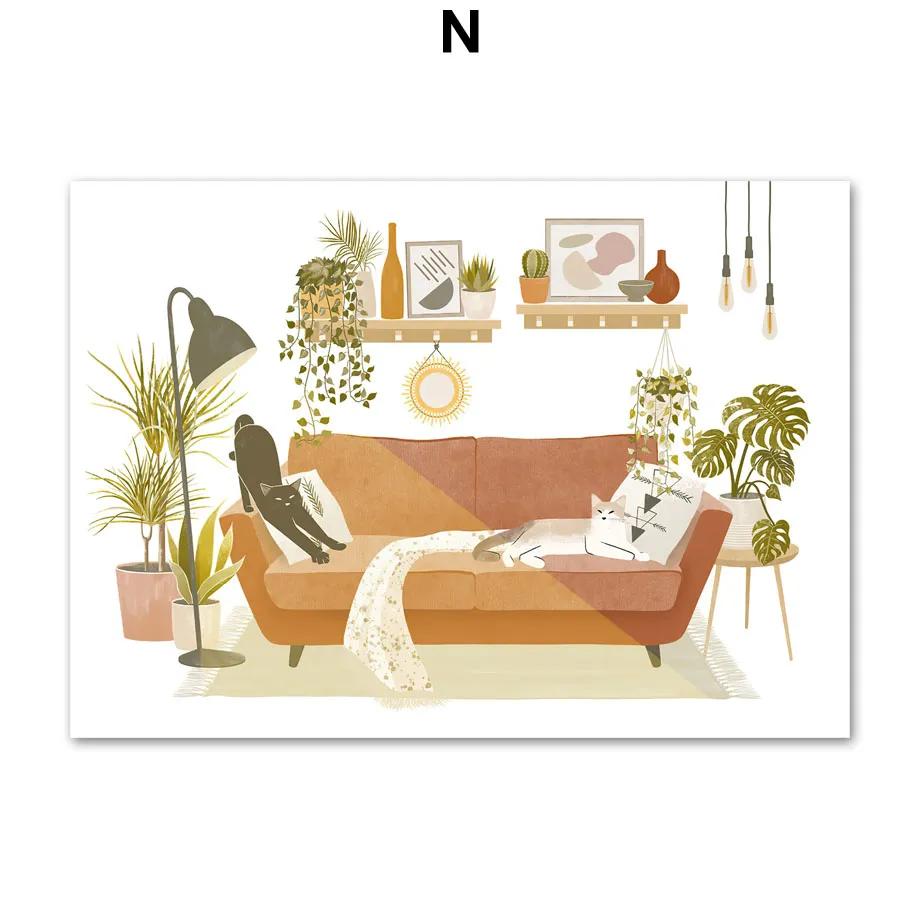 Boho Pflanzen Garten Kaktus Mond Wäsche Katze Wand Kunst Leinwand Malerei Nordic Poster Und Drucke Wand Bilder Für Wohnzimmer Dekor 40x50cm No Framed von Joom DACH