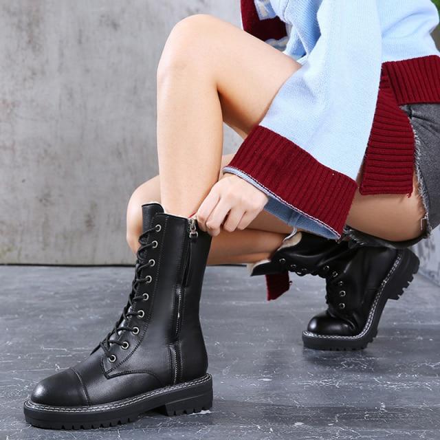 Booties Modische Damen-Kurzstiefeletten für Mädchen, Schneestiefel, Pu-Leder, seitlicher Reißverschluss, rutschfeste warme Schuhe, Plüsch-Innensohle, Schnürung – Schwarz 35 von Joom DACH