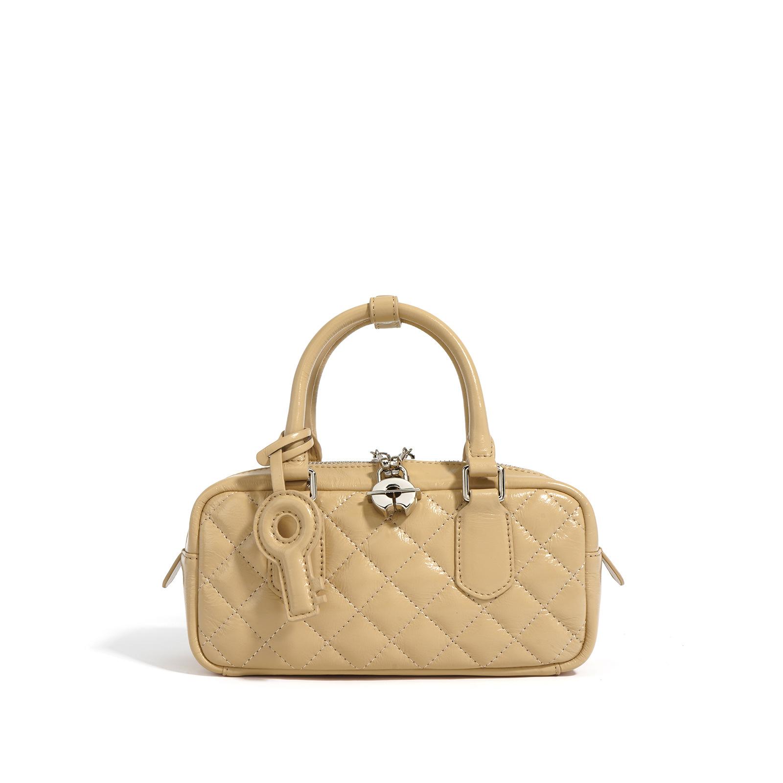 Boston Kissen Tasche Damen Diamant Umhängetasche Kopfschicht Leder Bowling Handtasche Leder Damen Tasche von Joom DACH