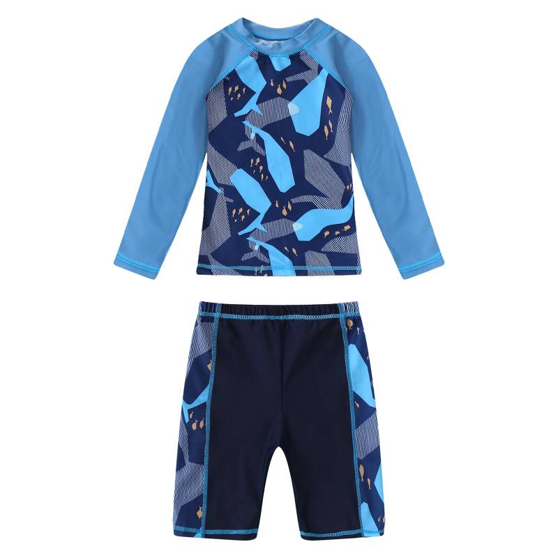 Jungen Zweiteiliges Schwimmset Langarm Cartoon Hai Print Oberteil Badeshorts Wellen Design Strand Badeanzug 6-8 Years von Joom DACH