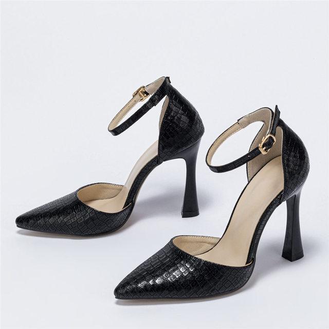 Brandneue Damen Sommer Schwarz Sanke Adern Spitzschuh Übergröße Schuhe Knöchelriemen Party Büro Dame Pumps High Heels 33 schwarz von Joom DACH