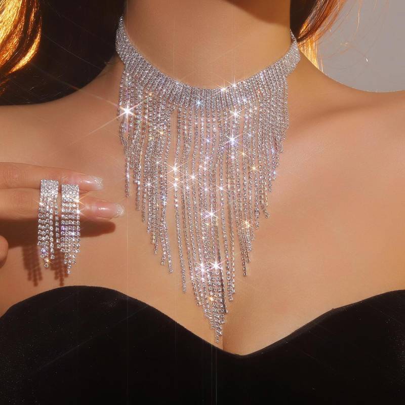 Brautschmuck, luxuriöses Set aus funkelnden Diamanten mit langen Fransen und Halskettenohrringen, modisches zweiteiliges Set aus Halskette und Ohrringen mit Diamantbesatz von Joom DACH