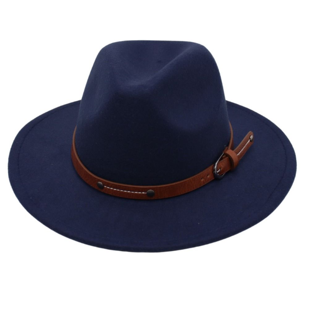 Breite Krempe Panama Kappe Mit Gürtel Schnalle Cowboy Kappe Mode Filz Fedora Hüte Männer Frauen navy blau von Joom DACH