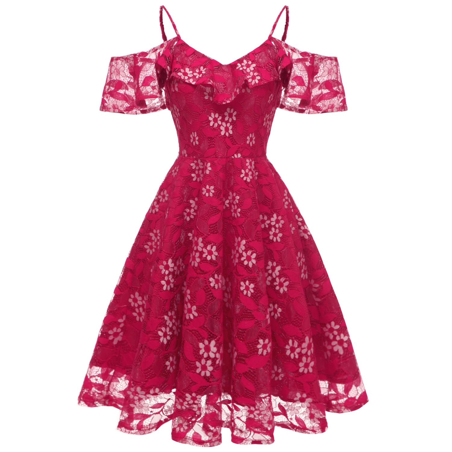 Bright Deer Damen-Kleid mit Blumenmuster, Häkelspitze, Rüschen, kalte Schulter, Cami-Träger, Midi-Brautjungfernkleid, Hochzeit, Abend, formelle Party, Cocktail-Anlässe, Outfits M bordeaux von Joom DACH