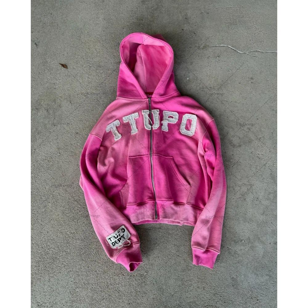 Buchstabenstickerei Schlichter übergroßer Hoodie Damen Y2K Amerikanische Retro-Kleidung High Street Fashion Reißverschluss-Sweatshirt S von Joom DACH