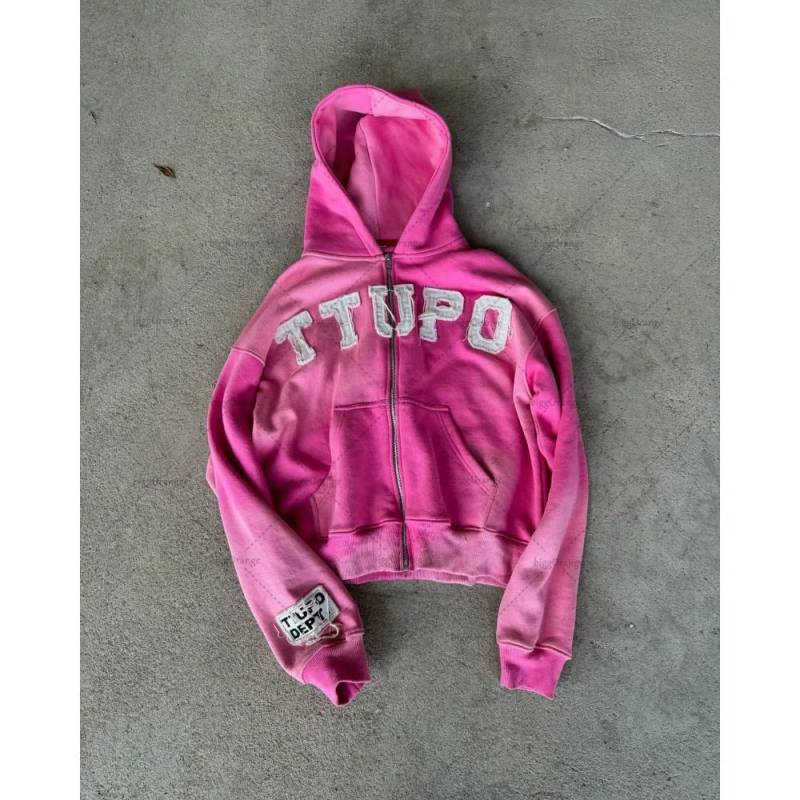 Buchstabenstickerei Schlichter übergroßer Hoodie Damen Y2K Amerikanische Retro-Kleidung High Street Fashion Reißverschluss-Sweatshirt S von Joom DACH