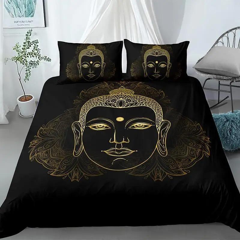 Buddha-Bettbezug-Set, Kingsize, exotisches ethnisches Bohemian-Bettwäsche-Set, Mikrofaser, goldener Buddha-Statue-Druck, wunderschöner Bettbezug 70x133cm 2pcs von Joom DACH